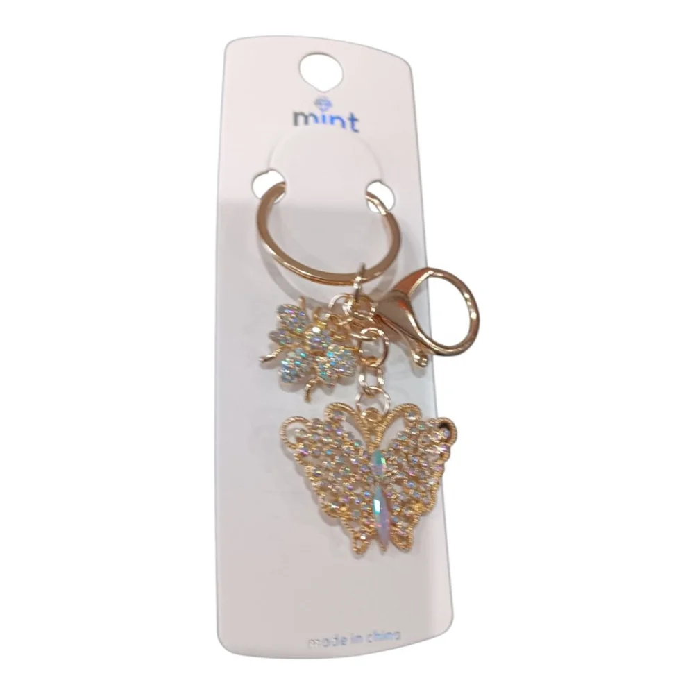 Iridescent Rhinestone Butterfly Bumblebee Gold Tone Keychain Purse Charm